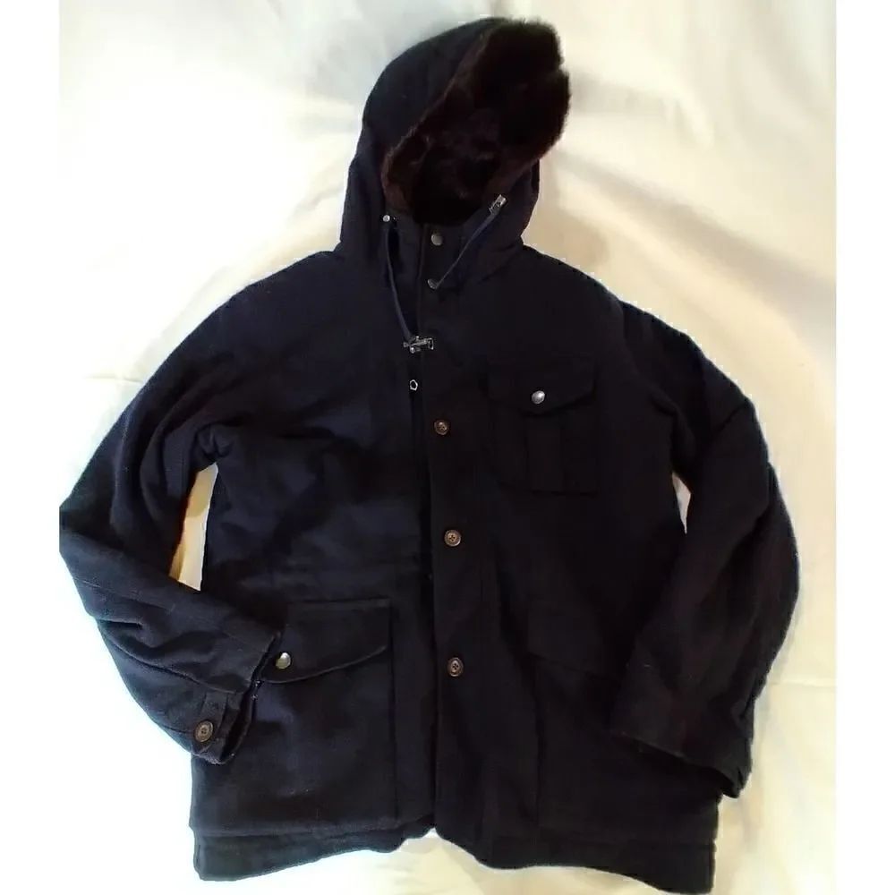 TOMMY HILFIGER FAUX FUR WOOL BLEND COAT SIZE LARGE BLACK BROWN POCKETS